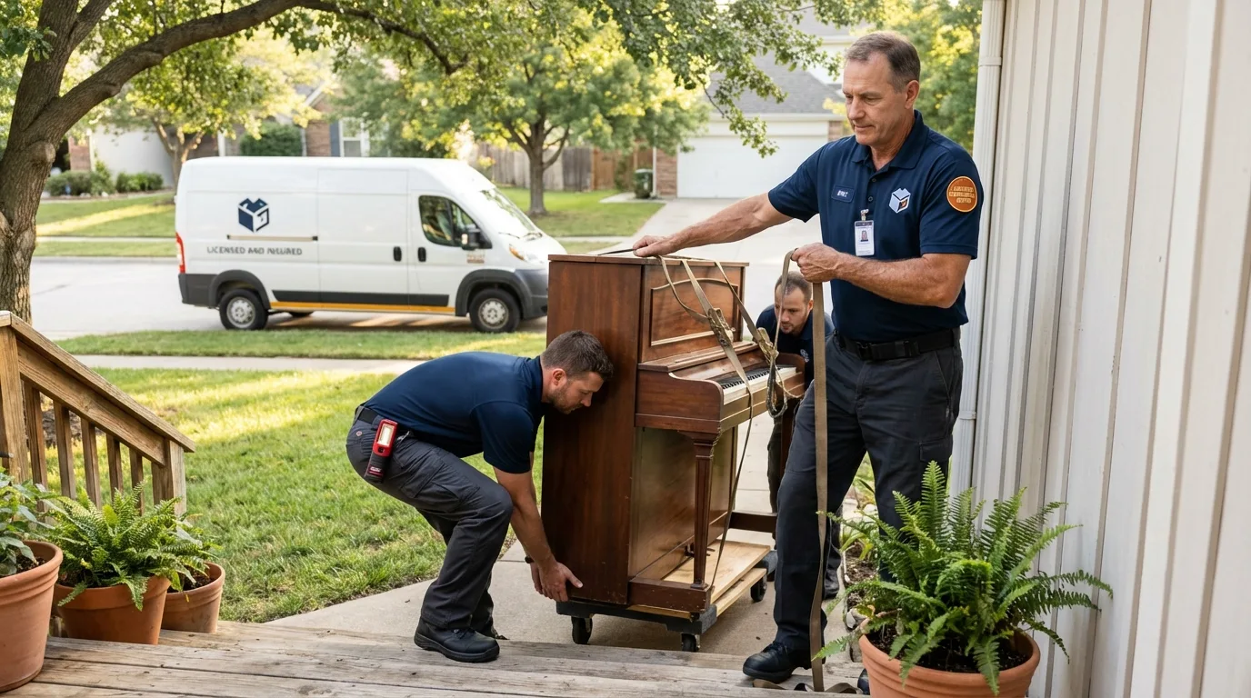 Licensed piano movers securing grand piano in Hooper, UT