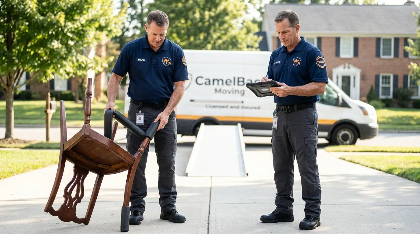 Movers inspecting furniture for damage prevention before loading in Hooper, UT