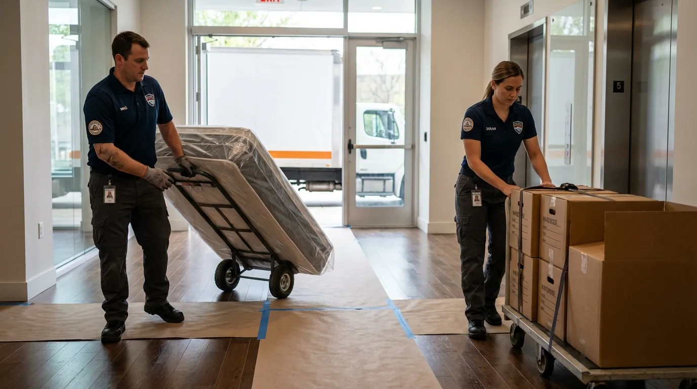 Professional apartment movers loading elevator in Hooper, UT